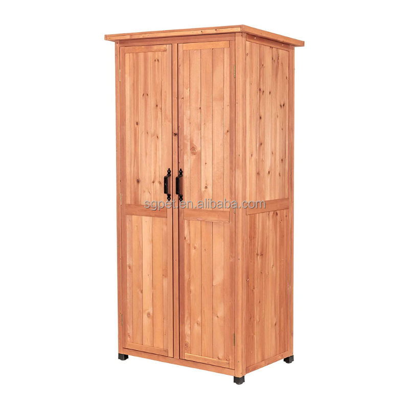 Vertical Storage Shed - Brown - Indoor and Outdoor Wooden Equipment Closet - Lockable Lawn, Garden, Backyard, Patio Tool Cabinet