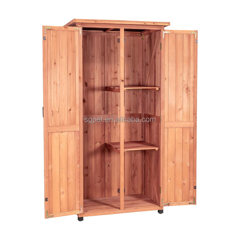 Vertical Storage Shed - Brown - Indoor and Outdoor Wooden Equipment Closet - Lockable Lawn, Garden, Backyard, Patio Tool Cabinet