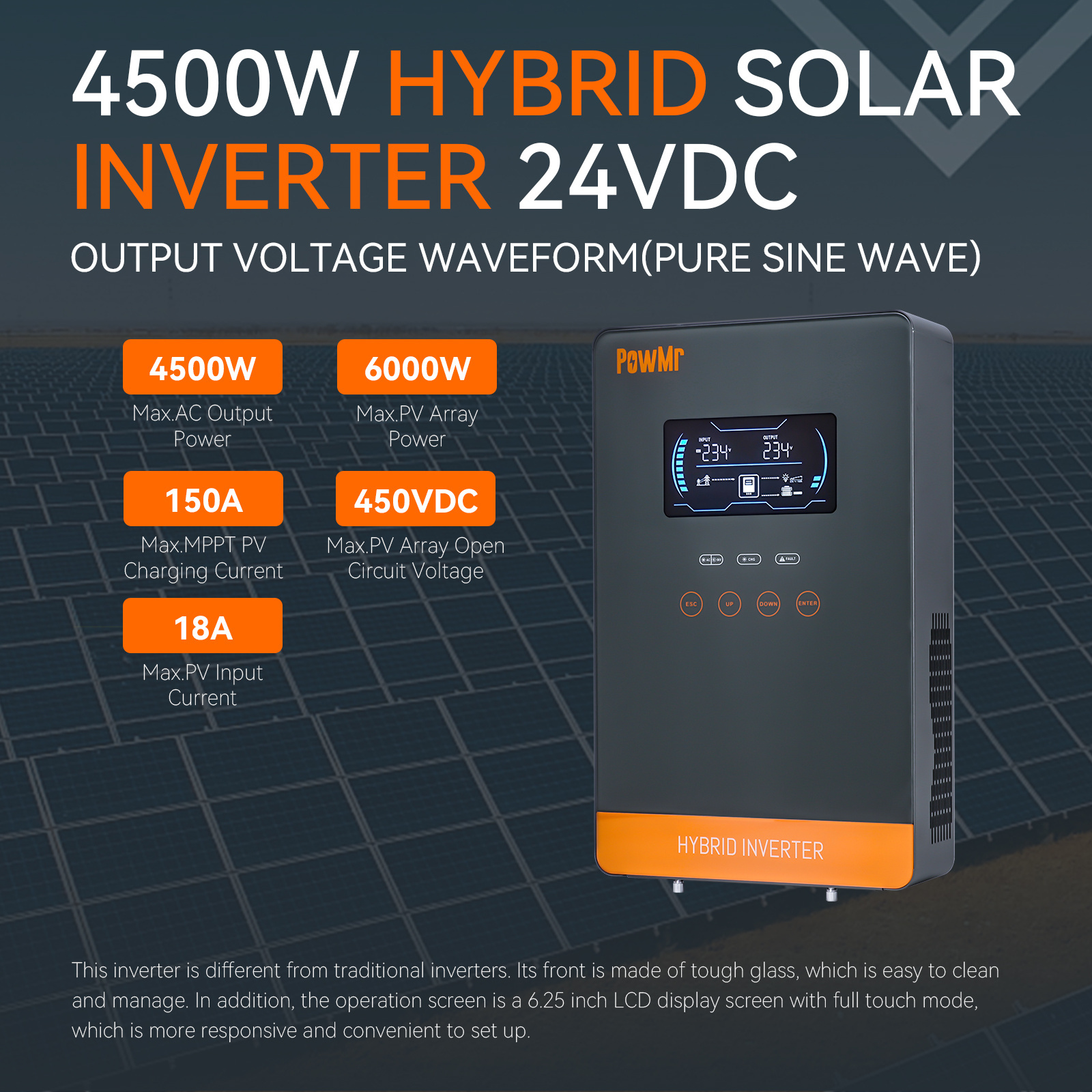 PowMr 4500W 24V Off-Grid Solar Inverter MPPT 230V Pure Sine Wave Solar Inverter 6500W 48V Hybrid Inverter