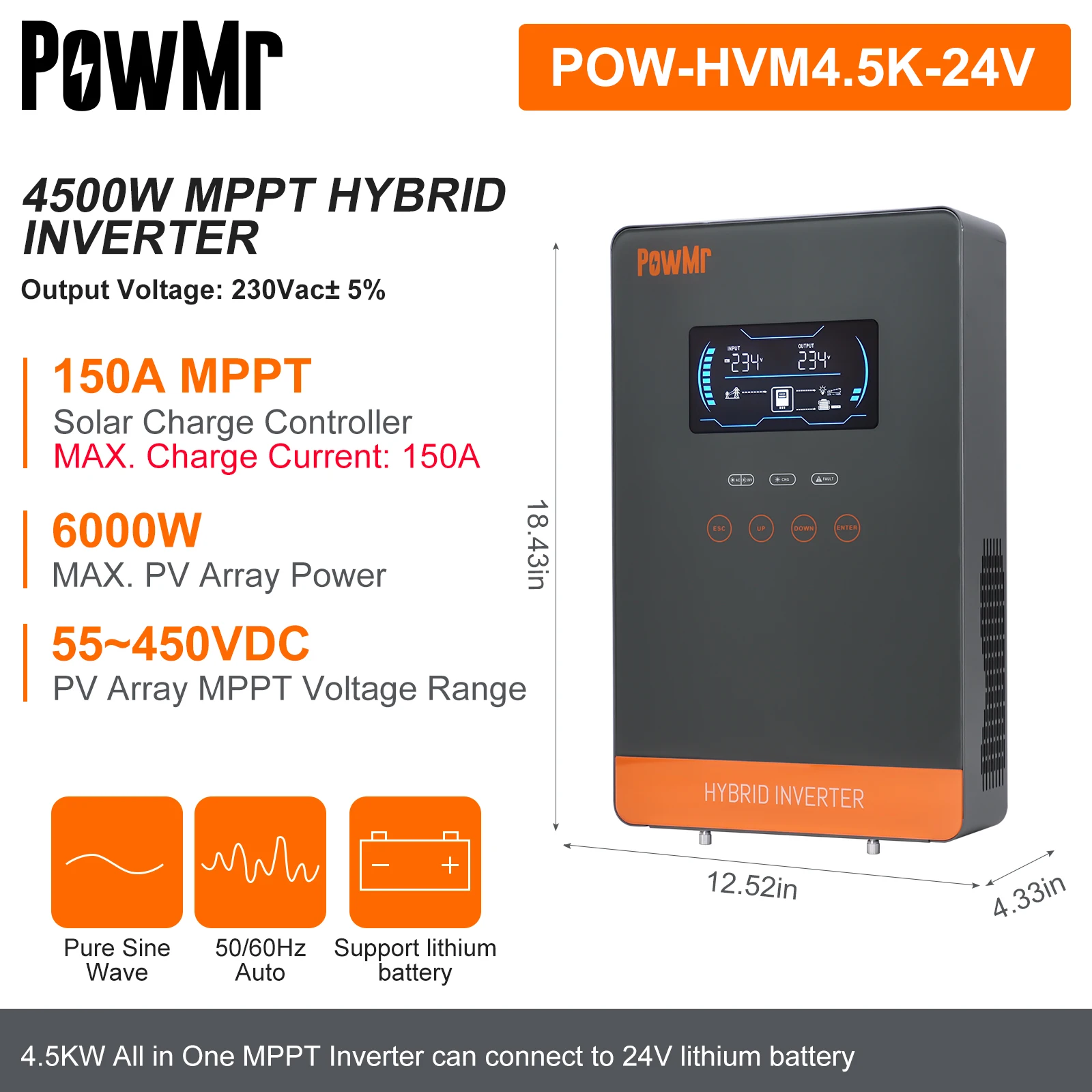 PowMr 4500W 24V Off-Grid Solar Inverter MPPT 230V Pure Sine Wave Solar Inverter 6500W 48V Hybrid Inverter