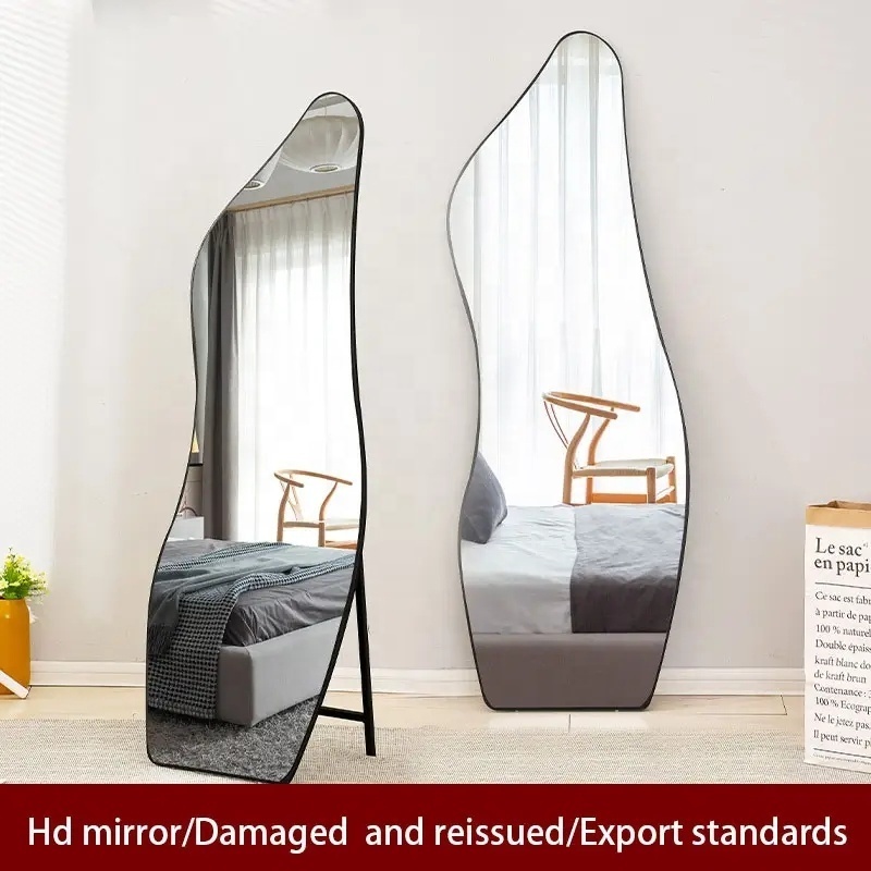 Wholesale Modern Decor Framed Wall Mirror Large Full Length Asymmetrical Irregular Wood 4mm Glass Mirros Custom Shape Wave Glass