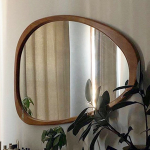 Wholesale modern irregular teardrop shape asymmetrical wood framed vintage hanging wall living room decor mirror miroir spiegel