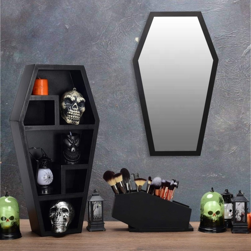 Custom large wood framed coffin wall mirror big long home Gothic black spooky decor hexagonal hanging wall mirror miroir spiegel