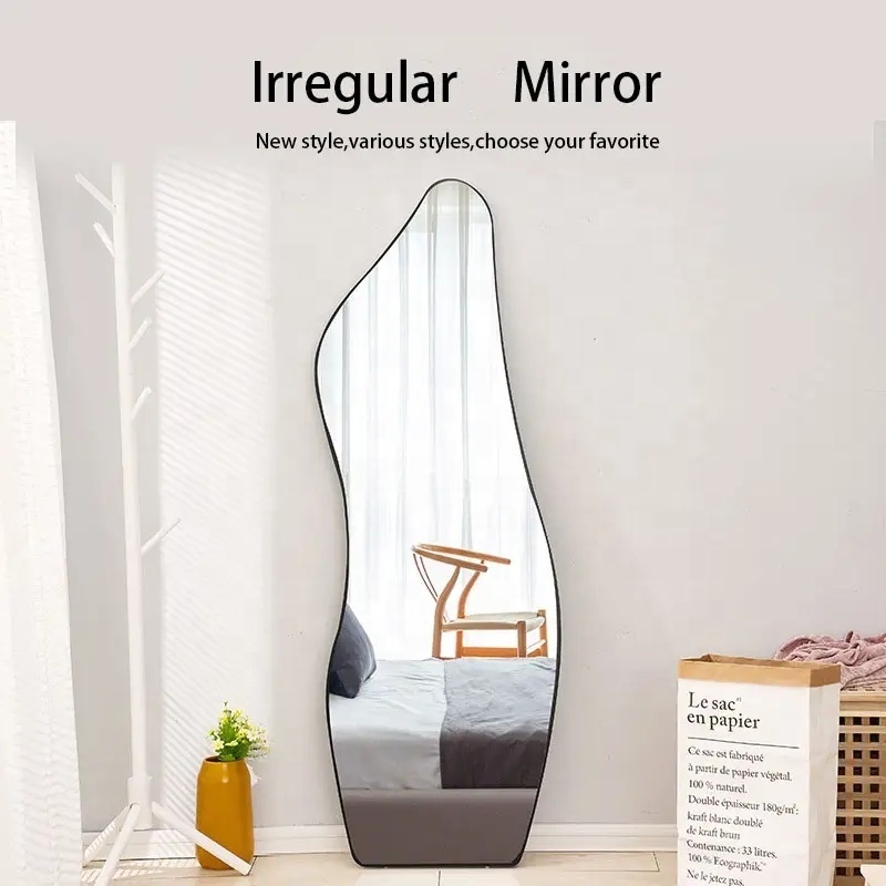 Wholesale Modern Decor Framed Wall Mirror Large Full Length Asymmetrical Irregular Wood 4mm Glass Mirros Custom Shape Wave Glass