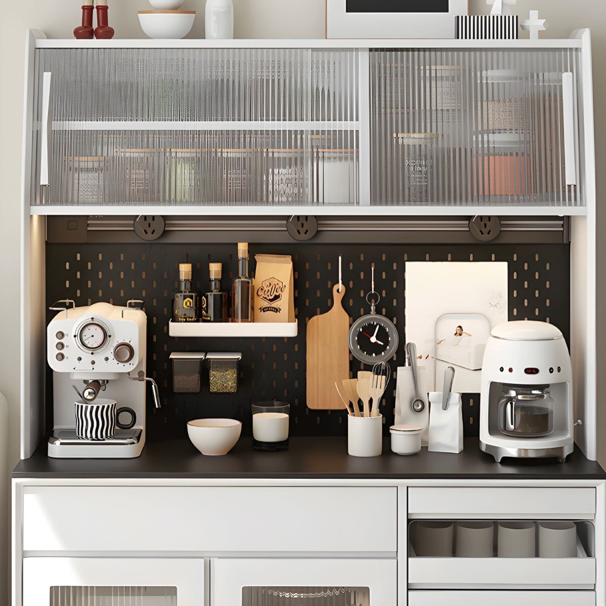 Modern Wood Sideboard Credenza with Stone Countertop, 4 Drawers and Glass Doors, Open Storage