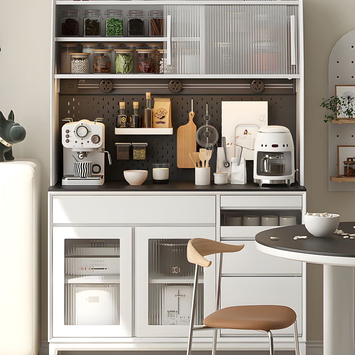 Modern Wood Sideboard Credenza with Stone Countertop, 4 Drawers and Glass Doors, Open Storage