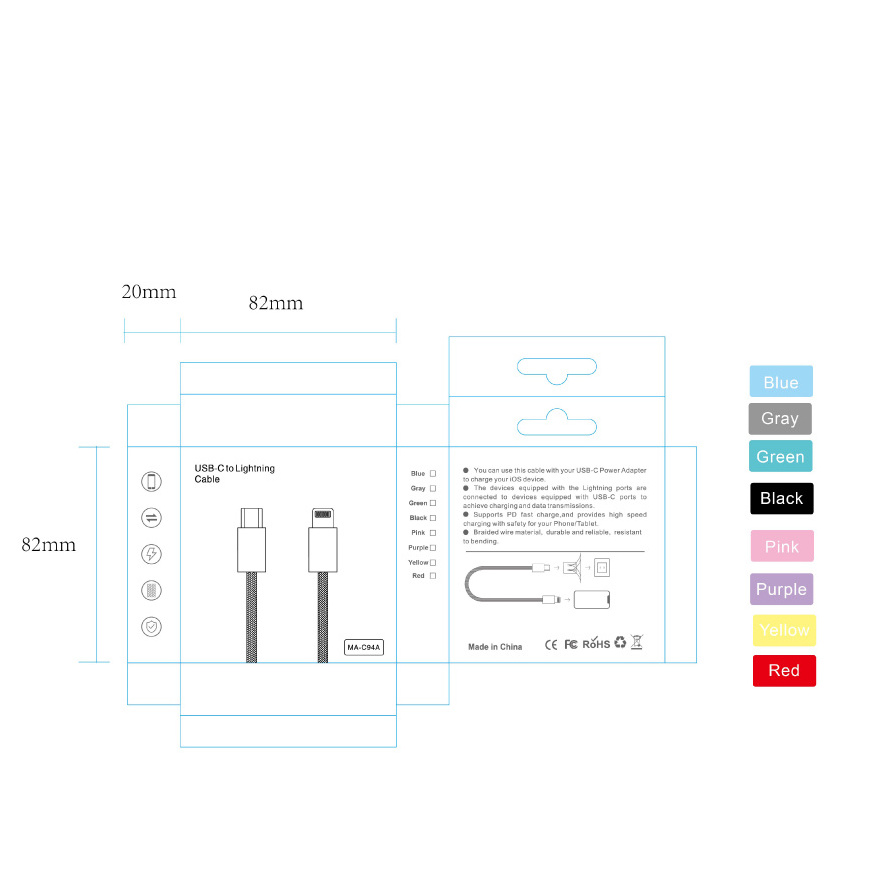 usb boxes spackaging customall hanging electronic products usb data cable retail packaging  for PD braided data cable packaging