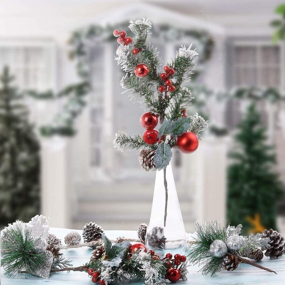 Red Berry Stems with Holly Berries Balls and Snow Flocked Pinecone Artificial Pine Picks  Faux Spray Sprigs Twigs for Christmas