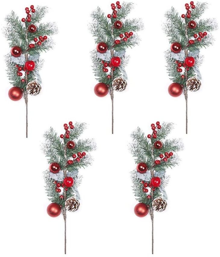 Red Berry Stems with Holly Berries Balls and Snow Flocked Pinecone Artificial Pine Picks  Faux Spray Sprigs Twigs for Christmas