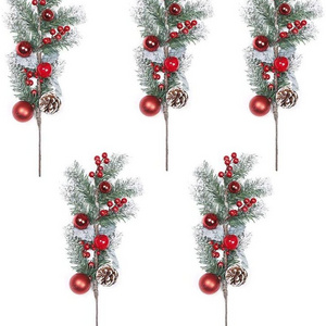 Red Berry Stems with Holly Berries Balls and Snow Flocked Pinecone Artificial Pine Picks  Faux Spray Sprigs Twigs for Christmas