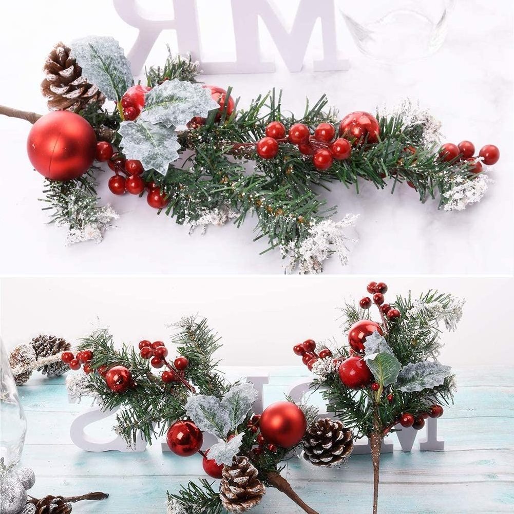 Red Berry Stems with Holly Berries Balls and Snow Flocked Pinecone Artificial Pine Picks  Faux Spray Sprigs Twigs for Christmas