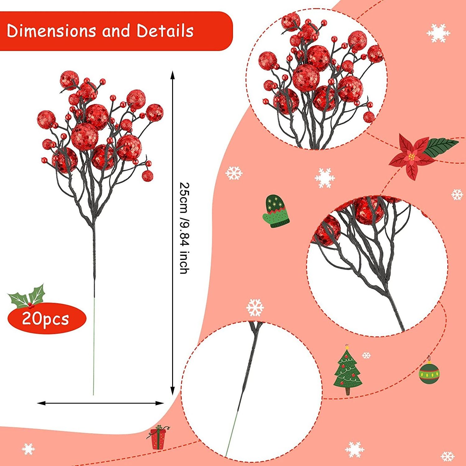 Christmas Tree Berry Picks Decorations Set Artificial Berry Stems Christmas Glittered Berry Branches Decorations for Crafts Xmas