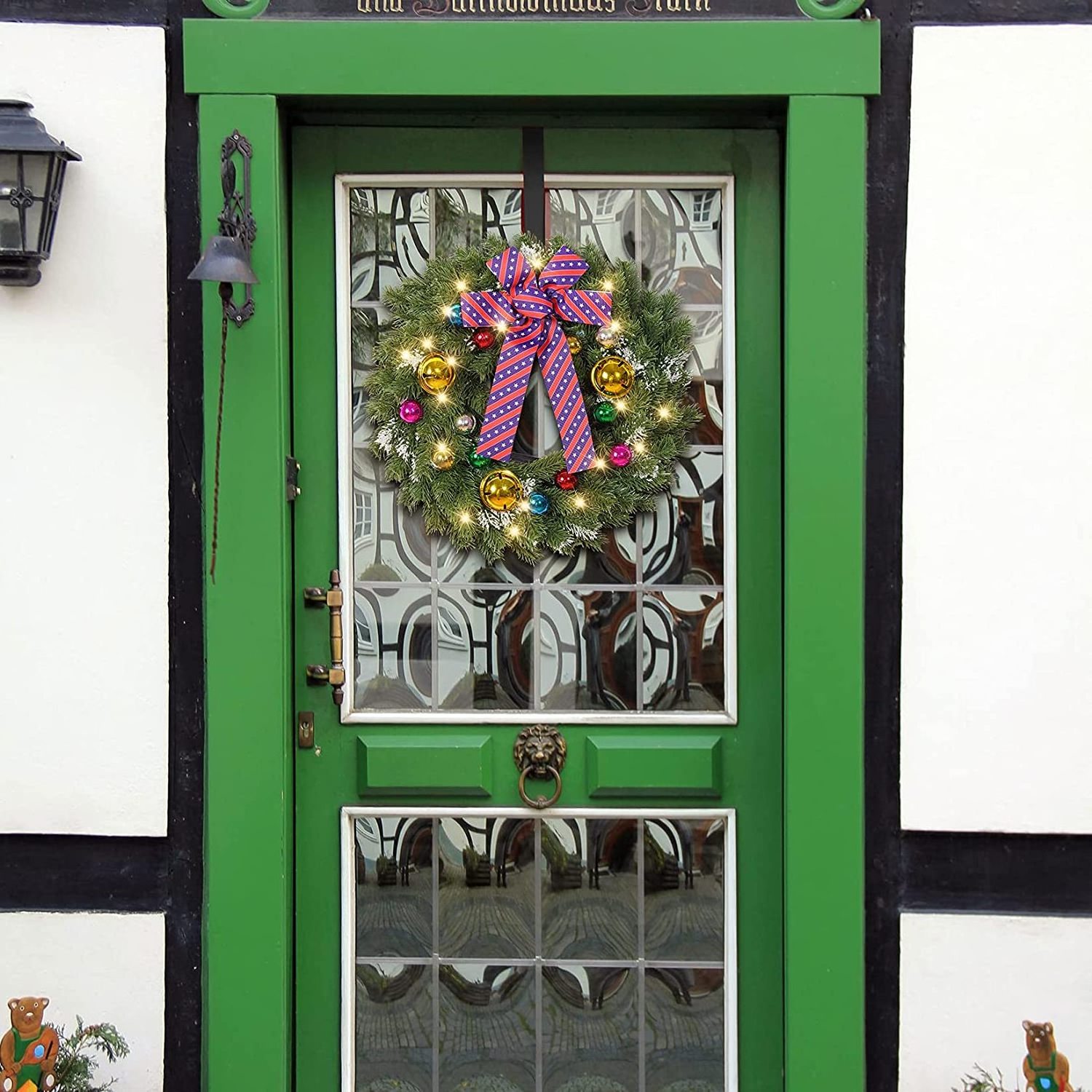 Artificial Christmas Wreath with Mixed Decorations LED Lights and Wreath Hanger for Festival Celebration Front Door Wall Window