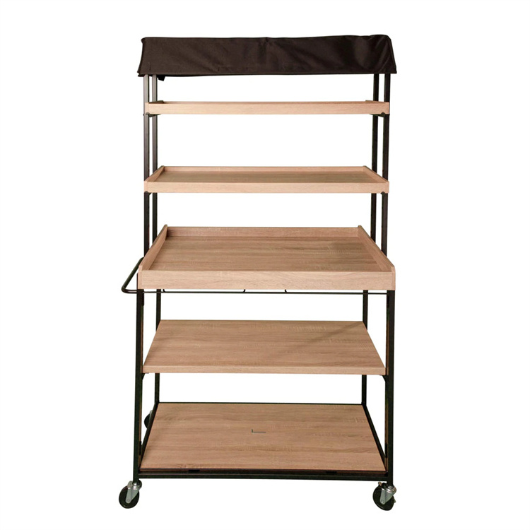 2022 OEM Custom Vendor Trolley With Shelves Frame Clothing Store Cabinet Display Rack With Rustic Wooden Shelf