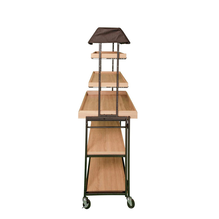 2022 OEM Custom Vendor Trolley With Shelves Frame Clothing Store Cabinet Display Rack With Rustic Wooden Shelf