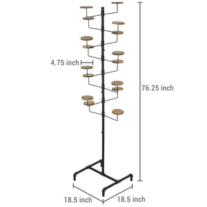 Industrial Black Metal Pipe Customizable Retail Freestanding Hat Wig Display Rack with Rustic Wood Holders