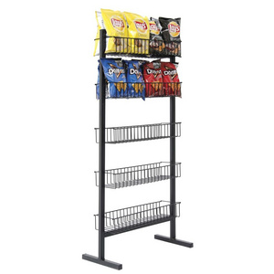 Narrow Profile Black Metal Display Stand 5-Shelf Chip Display Racks Snacks Basket Display Rack Stands