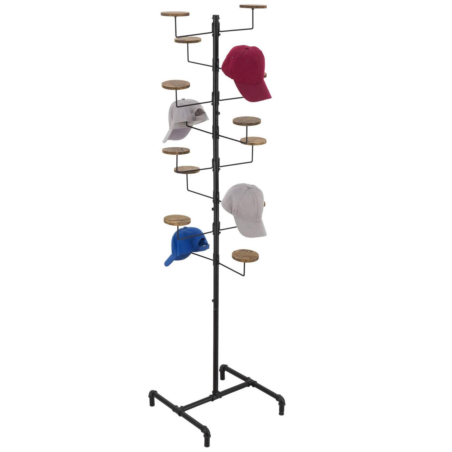 Industrial Black Metal Pipe Customizable Retail Freestanding Hat Wig Display Rack with Rustic Wood Holders