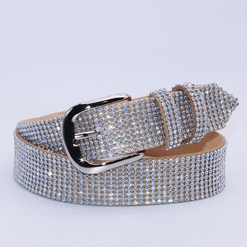 Women Rhinestone Alloy Pin Buckle Fashion Casual Belt With Dress Jeans Suit