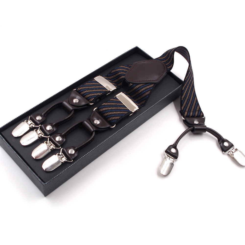 Men's 6 Clips Jacquard Twill Genuine Leather Suspenders For Men