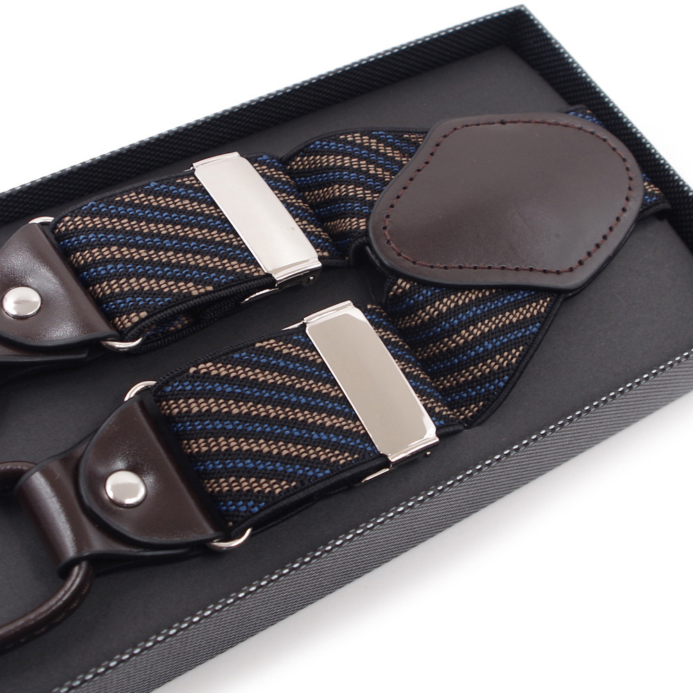 Men's 6 Clips Jacquard Twill Genuine Leather Suspenders For Men