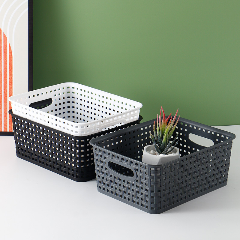 stackable Weave plastic basket bin for organizing,Nesting Shelf Bins with Handles, office storage bins in white, black and Grey