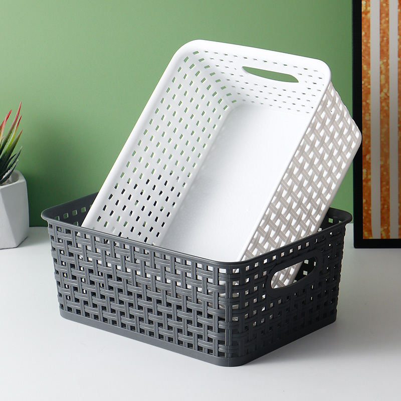 stackable Weave plastic basket bin for organizing,Nesting Shelf Bins with Handles, office storage bins in white, black and Grey