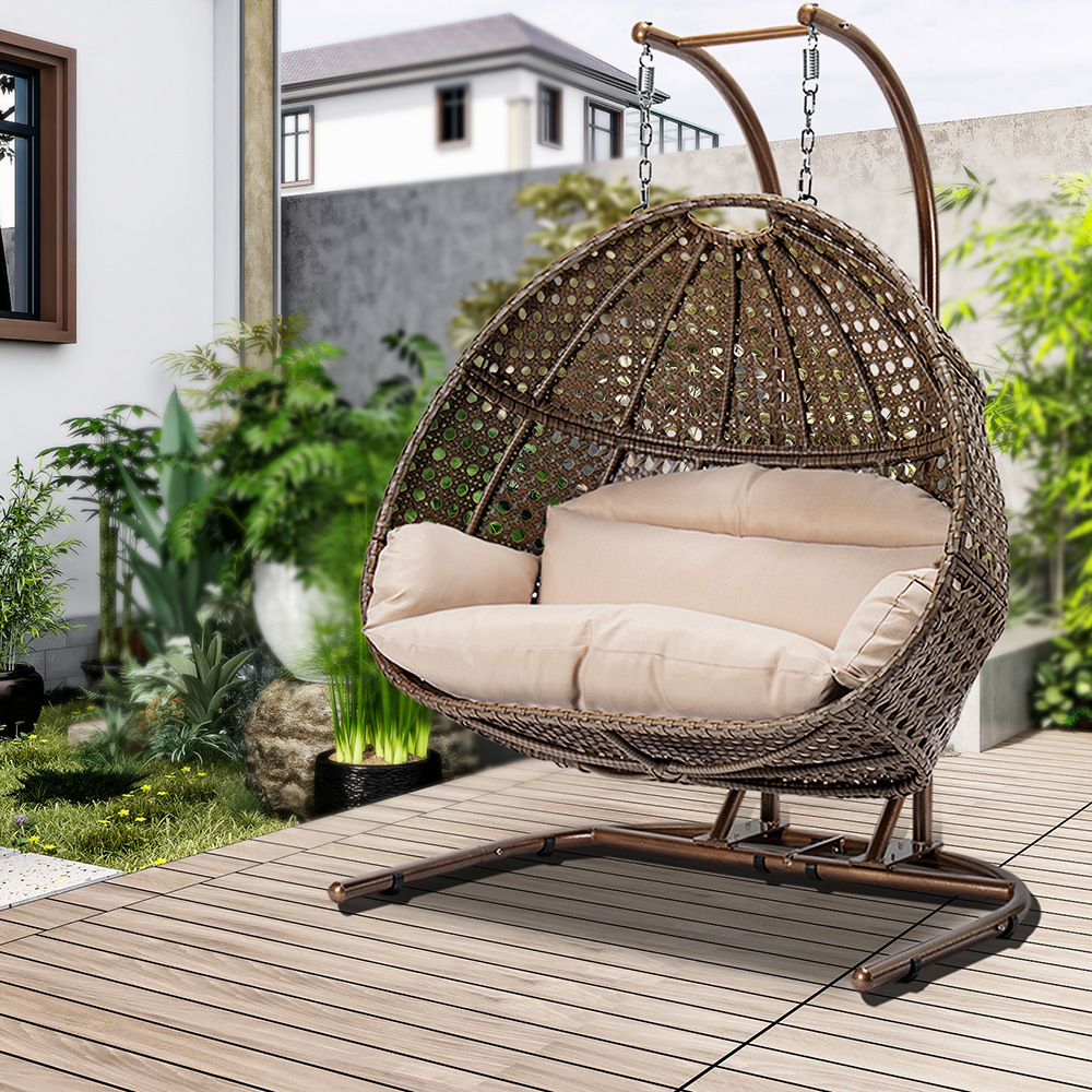 Double Swing Hanging Basket rattan garden furniture wicker hotel round egg Outdoor Balcony Rocking Chair with Seat Cushion