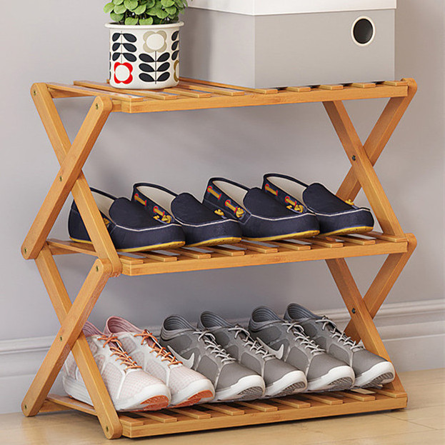 Morden Z Shaped bamboo 3 tire Furniture Storage stand foldable wooden Shoe Racks Organizer Cabinet for home