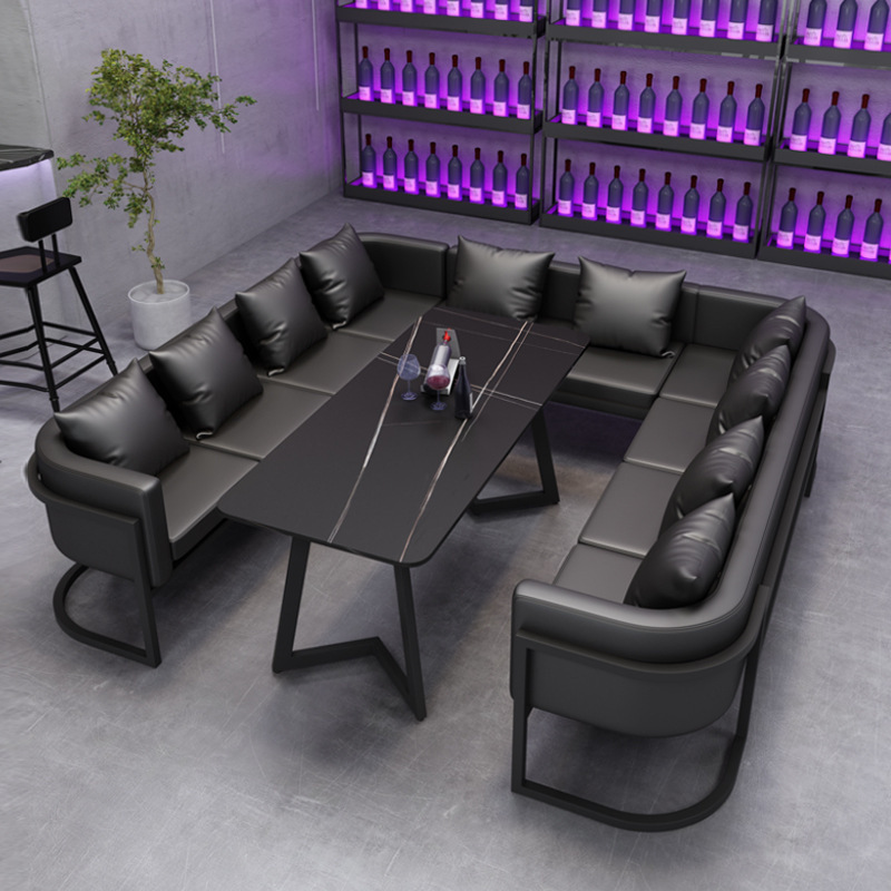 Modern Industrial-Style Metal Black U-Shaped Leather Sectional Corner Sofa Sets Beach Strip Lounge Night Club Bars Restaurants