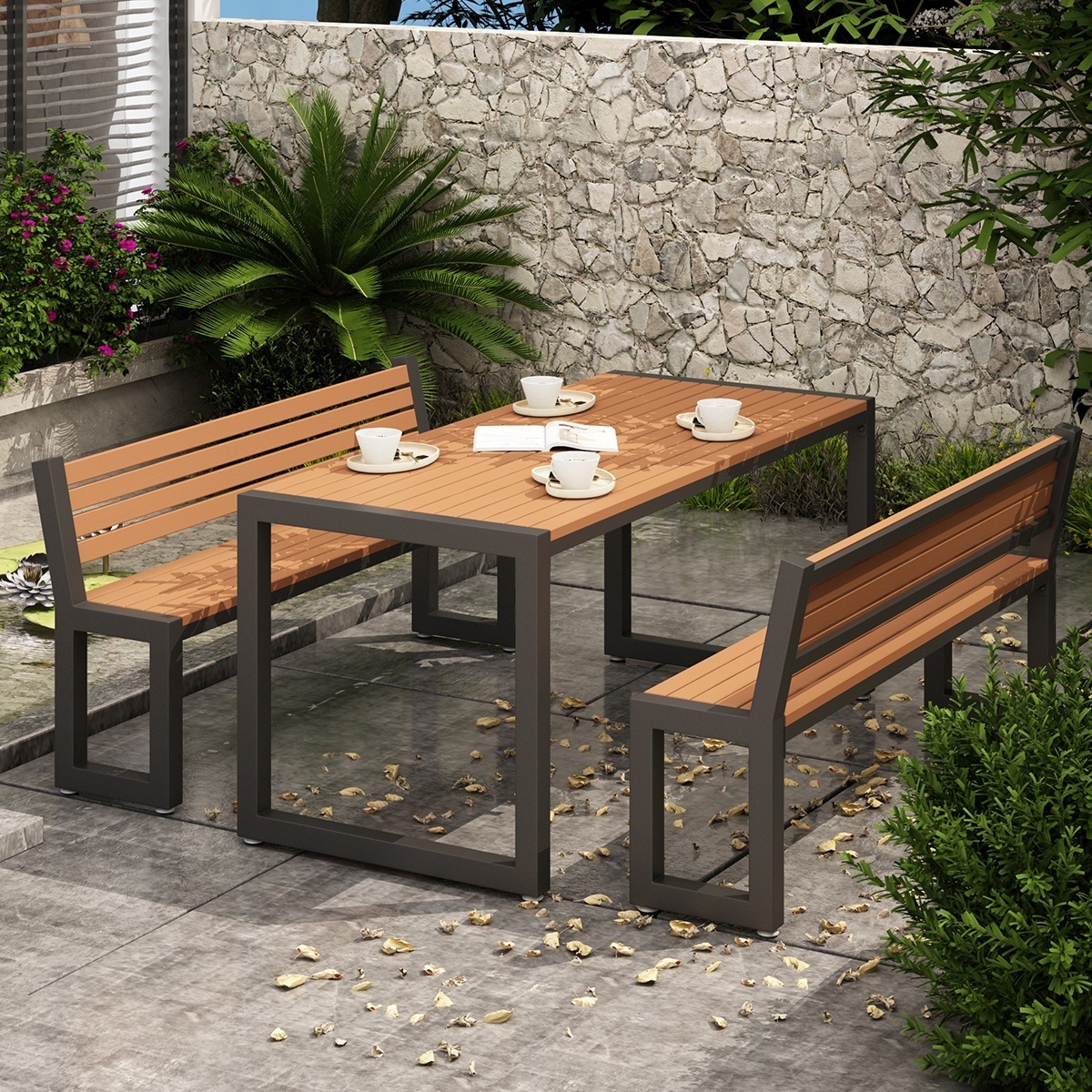 Modern Outdoor Dining Furniture Set Waterproof WPC Wood and Metal Frame Picnic Table and Bench for Patio Hotels Parks