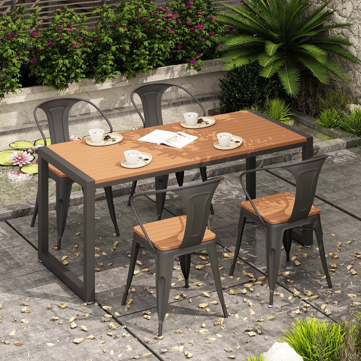 Modern Outdoor Dining Furniture Set Waterproof WPC Wood and Metal Frame Picnic Table and Bench for Patio Hotels Parks