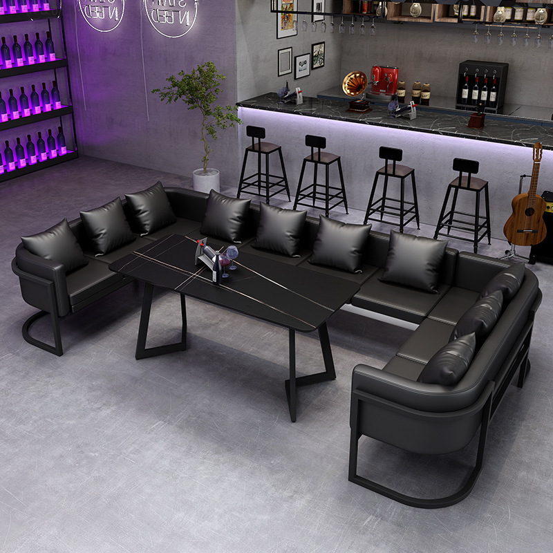 Modern Industrial-Style Metal Black U-Shaped Leather Sectional Corner Sofa Sets Beach Strip Lounge Night Club Bars Restaurants