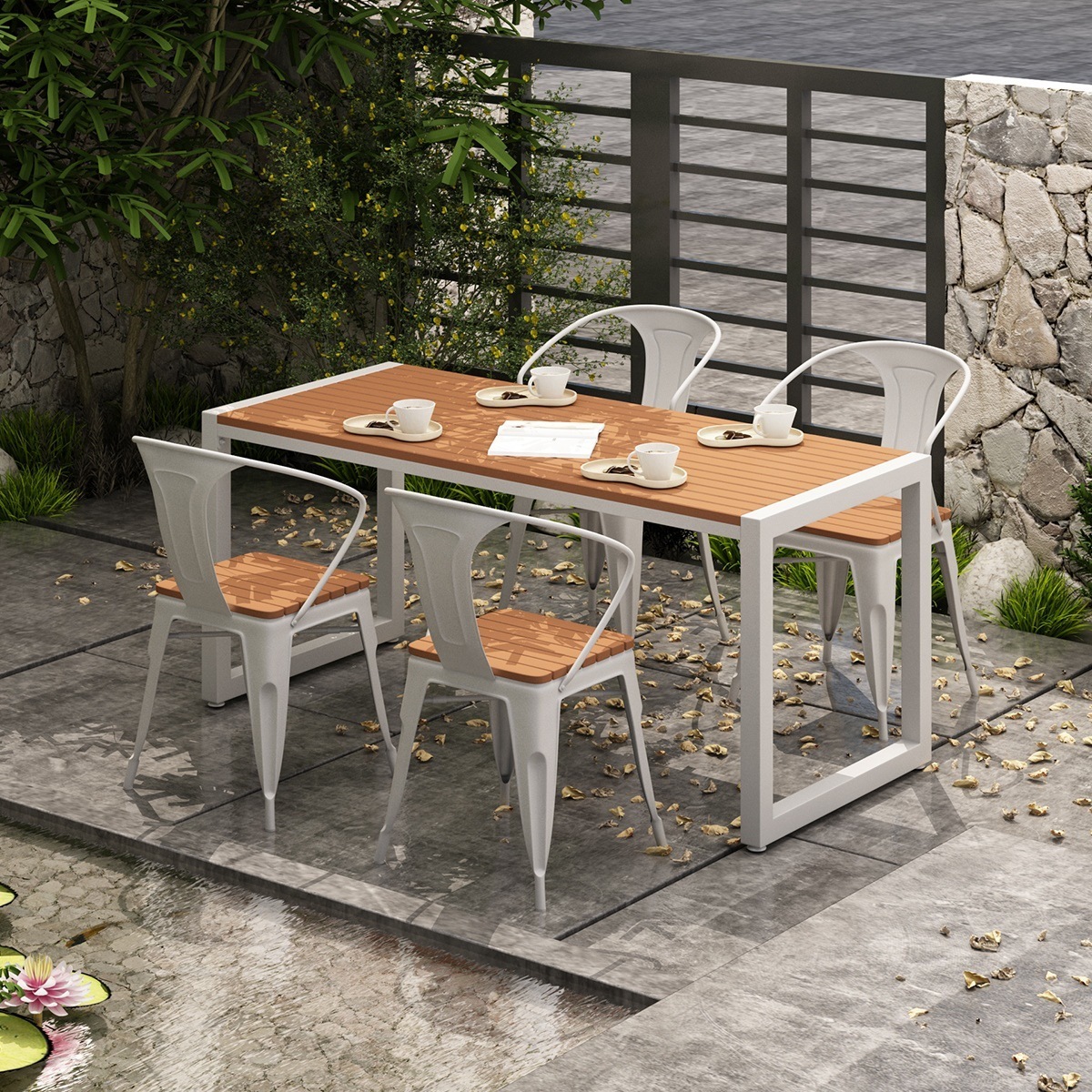 Modern Outdoor Dining Furniture Set Waterproof WPC Wood and Metal Frame Picnic Table and Bench for Patio Hotels Parks