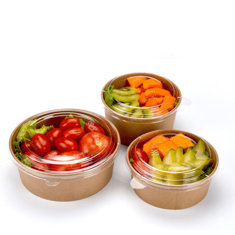 Disposable Take Away Kraft Paper Fruit Salad Bowl Container with Plastic Lid