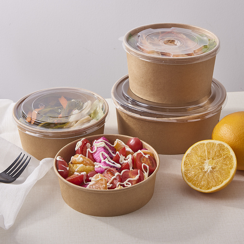 Disposable Take Away Kraft Paper Fruit Salad Bowl Container with Plastic Lid