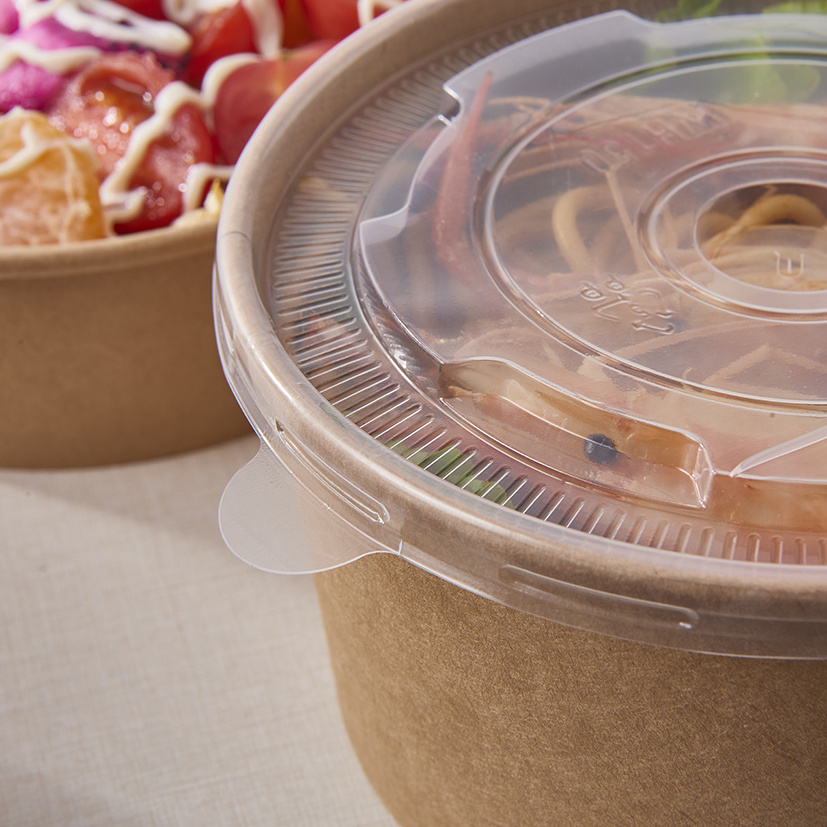 Disposable Take Away Kraft Paper Fruit Salad Bowl Container with Plastic Lid