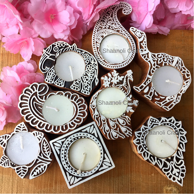 New Arrival Wooden Hand block Print Candle Holder For Home Decoration Tea Light Candle Holder