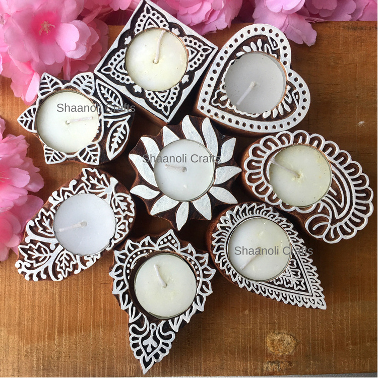 New Arrival Wooden Hand block Print Candle Holder For Home Decoration Tea Light Candle Holder