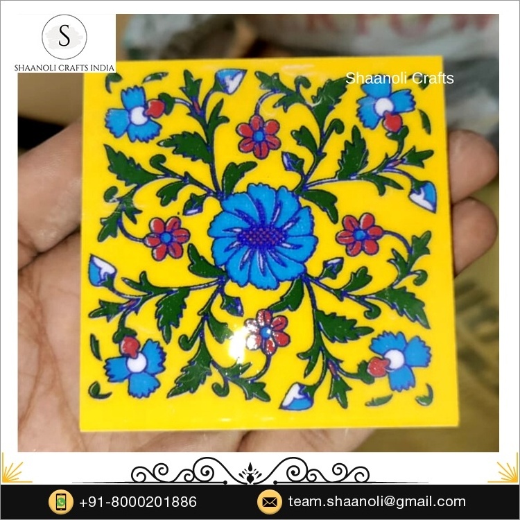 Beautifully Designed Rajasthani Blue Pottery Tiles Hand-painted Glossy Finishing Interior Tiles Indian Ceramic Wall Decor Tiles