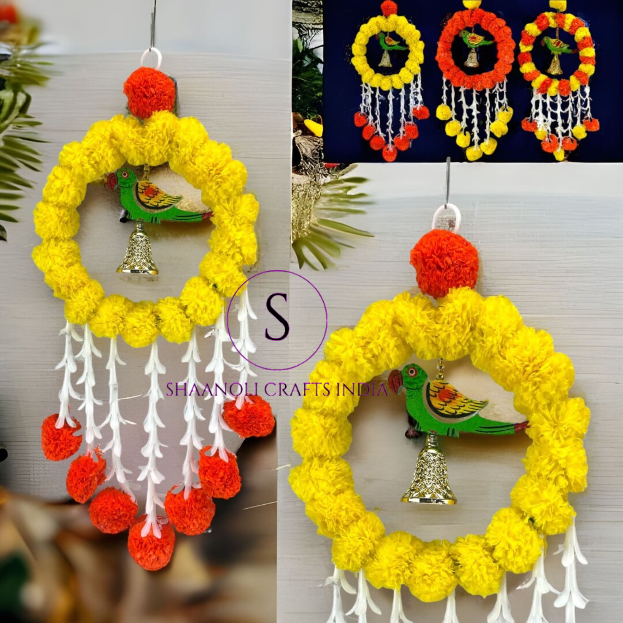 Parrot Marigold Flowers Garland For Home Decoration Chandelier Decor Wedding Decoration, Diwali Backdrop, Puja Garlands