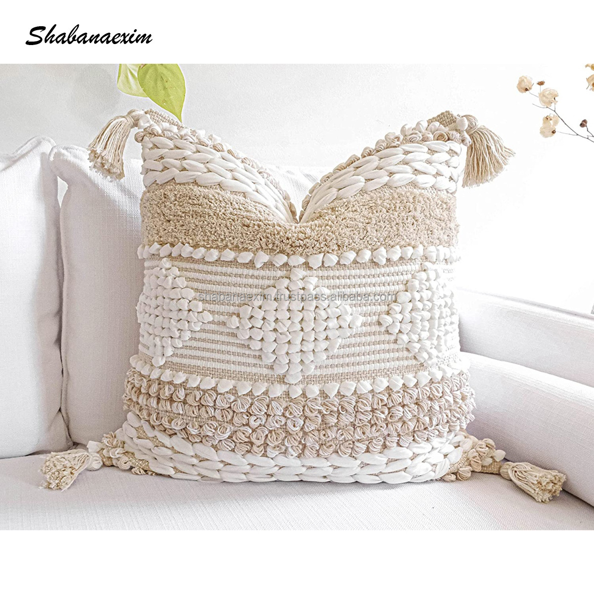 Cotton Moroccan Floor Cushions with Tassel Sofa Pillow Cover for Famhouse Bohemian Home Decoration Cushion Cover for Sale