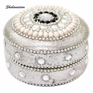 Silver Glitter Beaded Rajasthani Trinket Box Wholesale Indian Fashion Trinket Storage Box Handmade Women Kumkum Case