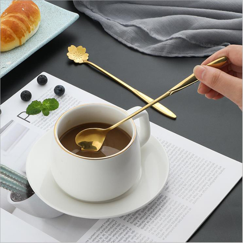 Flower Shape Tea Coffee Mixing Spoon Stainless Steel Long Handle Dessert Spoon Teaspoons