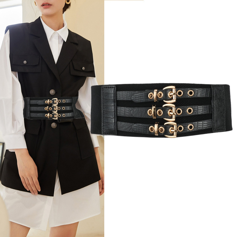 Wholesale Punk Style Metal PU Waist Belt Women's Belt Elastic Wide Belt For Dress