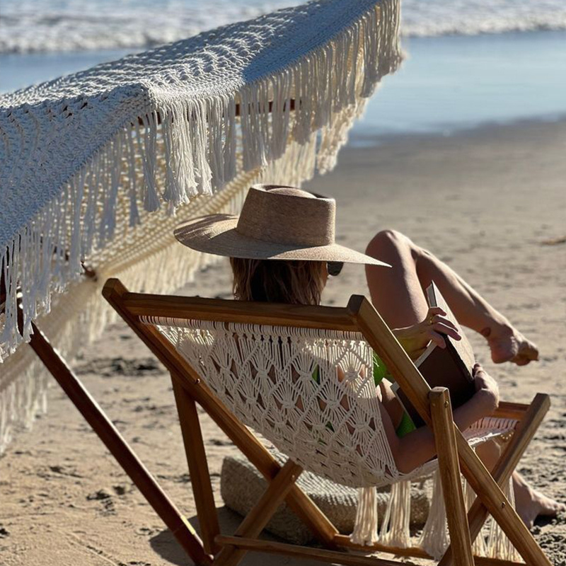 Retro White Handmade Cotton Macrame Umbrella Bohemian Wooden Bali Boho Outdoor Garden Beach Sun Parasols with Tassels Backyard