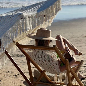 Retro White Handmade Cotton Macrame Umbrella Bohemian Wooden Bali Boho Outdoor Garden Beach Sun Parasols with Tassels Backyard