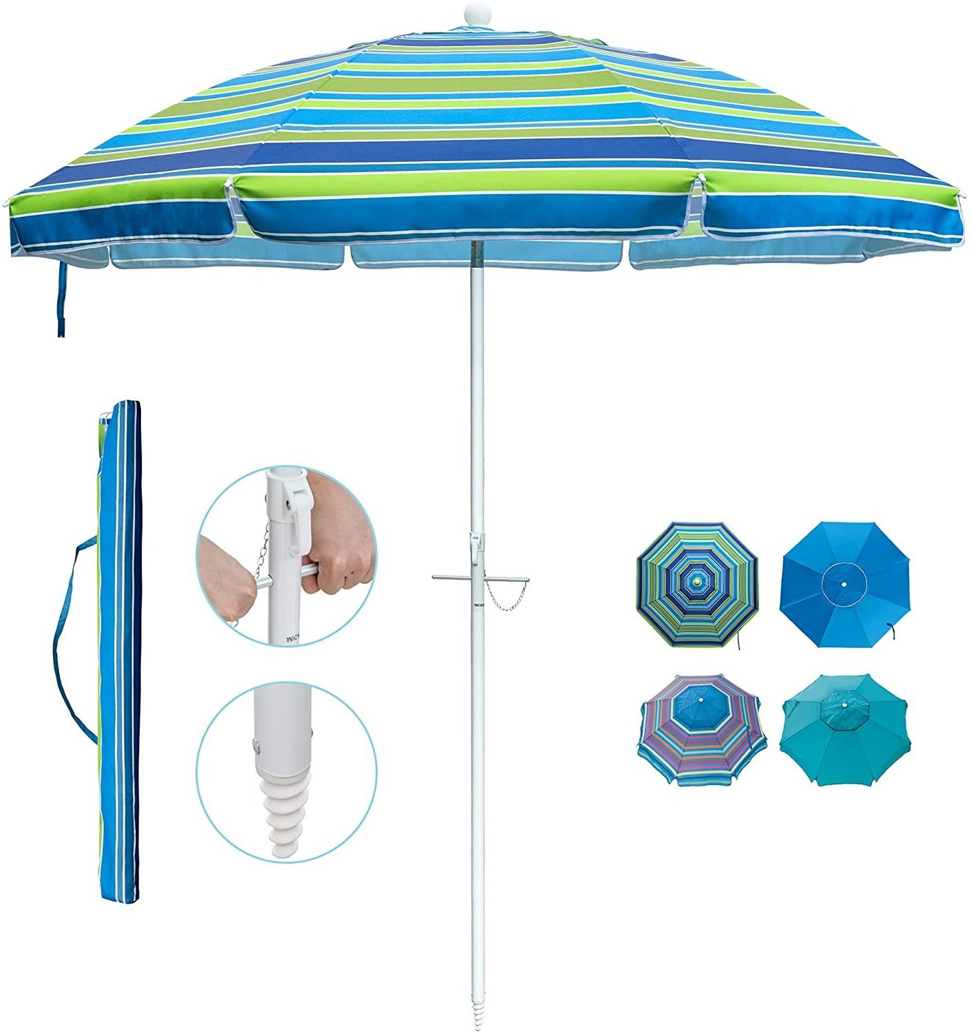 7ft Striped Beach Umbrella Portable Patio Sunshade Umbrella Outdoor Sun Parasol with Carry Bag for Garden Beach Pool Backyard