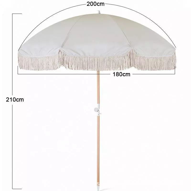 Customized Pink Portable Wooden Pole Bali Fringed Beach Umbrellas with Tassels Premium UV Protection Boho Sun Outdoor Parasols