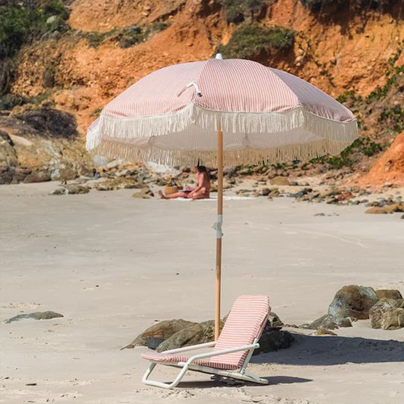 Customized Pink Portable Wooden Pole Bali Fringed Beach Umbrellas with Tassels Premium UV Protection Boho Sun Outdoor Parasols